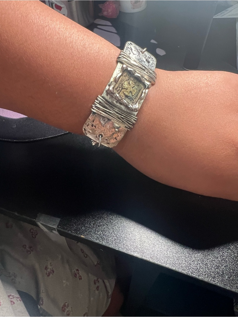 Two-Tone Textured Metal Cuff Bracelet - Silver with Gold Accent